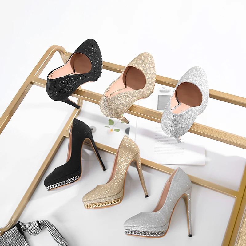 

New 2021 fashion crystal shiny stiletto high heels 13CM super high heel waterproof platform shoes
