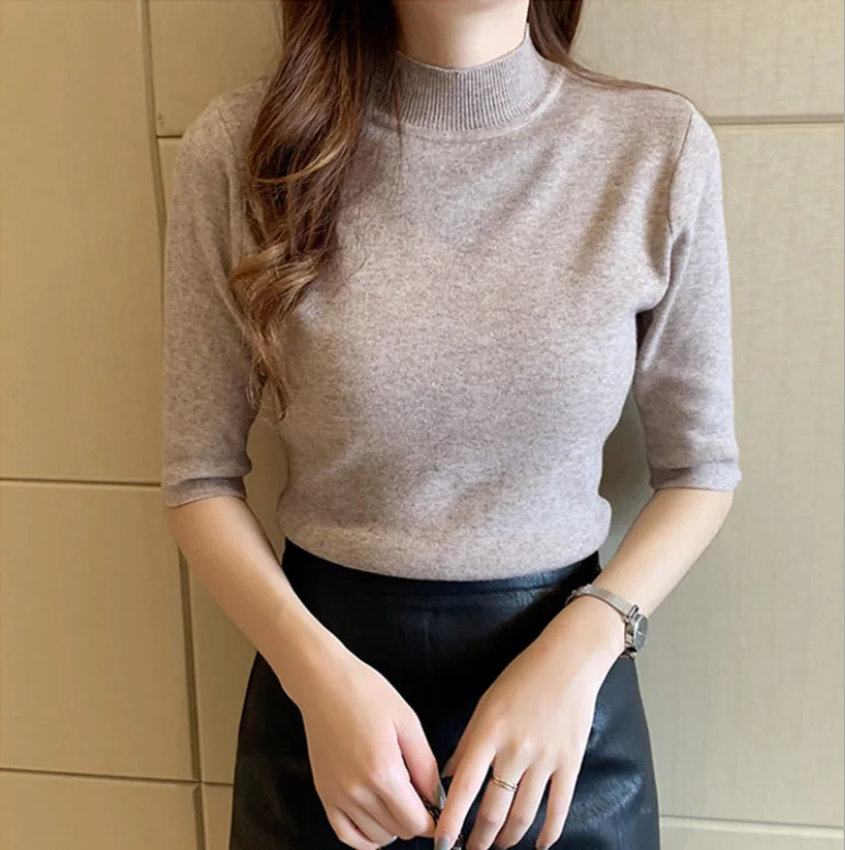 

spring autumn WomenSemi High Collar Bottom Shirt Slim Fit With Pullover And Medium Sleeve T-shirt Jumper Casual Tops Fashion6215