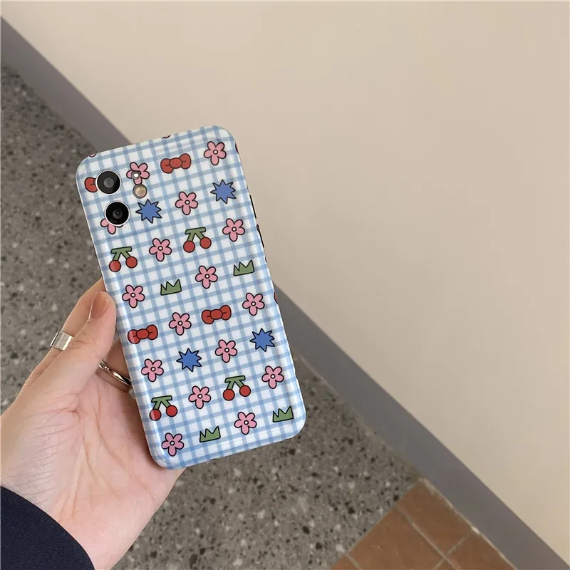 

Lattice Cherry Flower Phone Case For iPhone 12 11 Pro Max Xr X Xs Max 7 8 Puls SE 2020 Cases Matte Soft IMD Silicone Cover