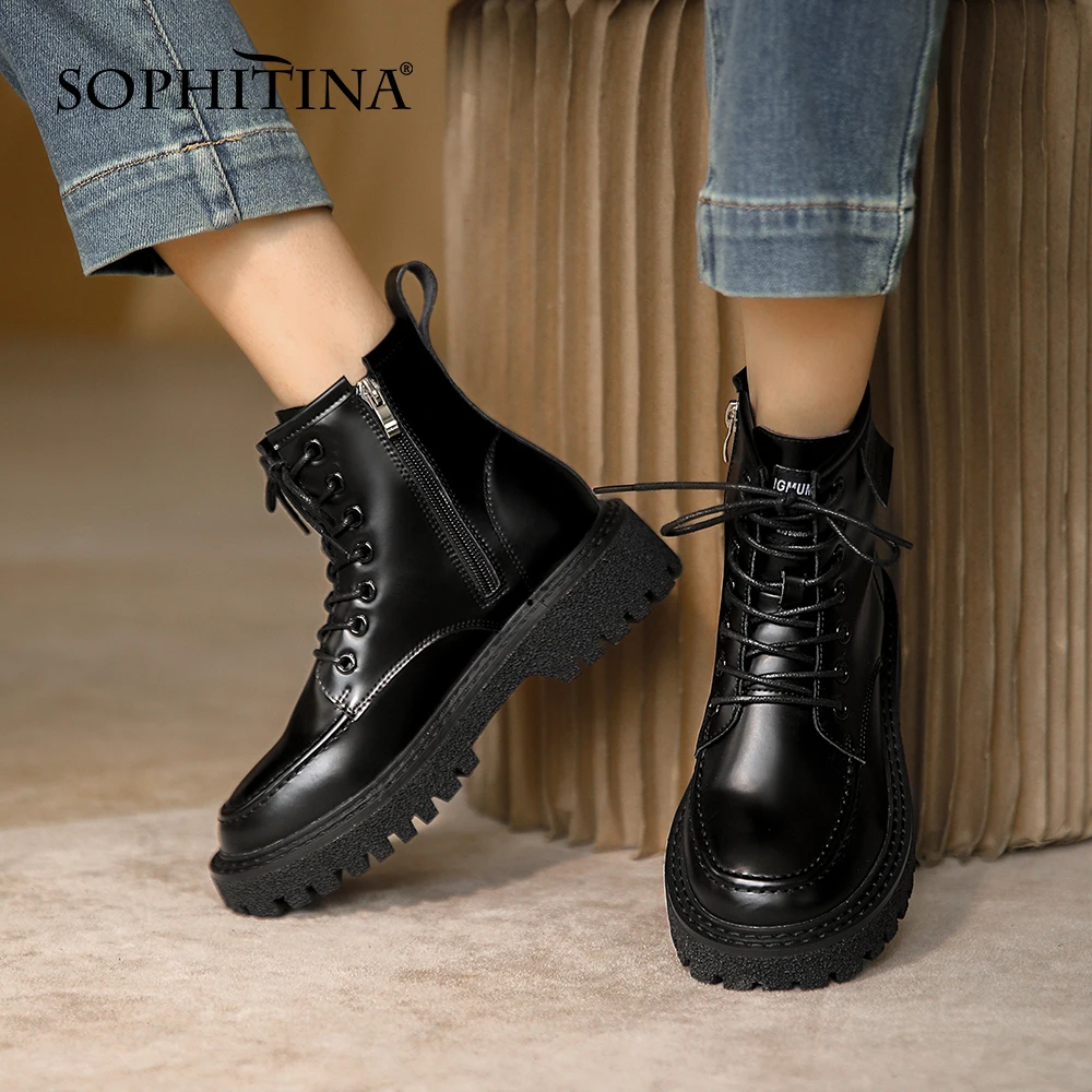 Murah Sepatu Bot Pergelangan Kaki Kasual SOPHITINA Sepatu Bot Wanita Kantor Hak Persegi Ujung Bundar Kulit Asli Sepatu Antiselip Renda Nyaman HO255