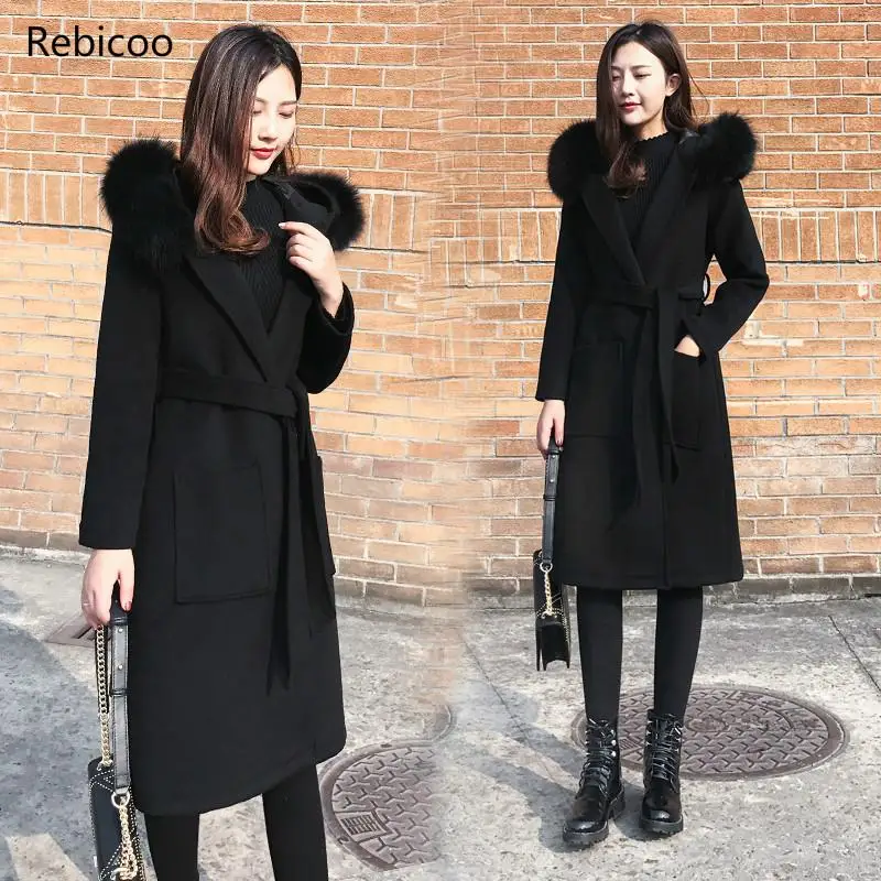 

Осень-зима женская верхняя одежда новая средней длины женское шерстяные пальто выше колена с капюшоном меховой воротник свободное Женское ...