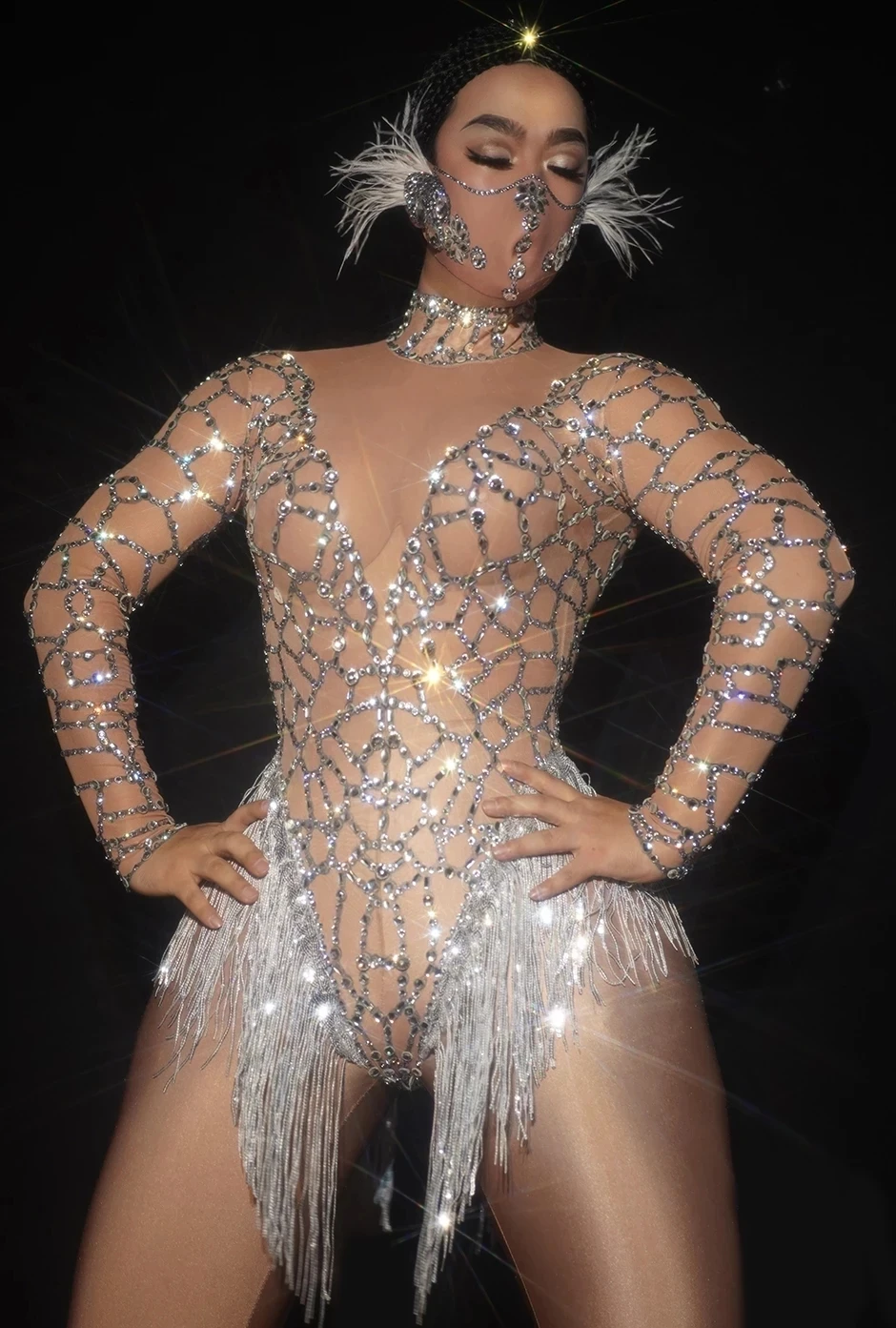 Сексуальное телесное Сетчатое Женское боди Стразы для ночного клуба