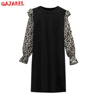 korean vintage black leopard patchwork mini dress autumn winter long sleeve knitted cotton dress 2022 women elegant casual robe