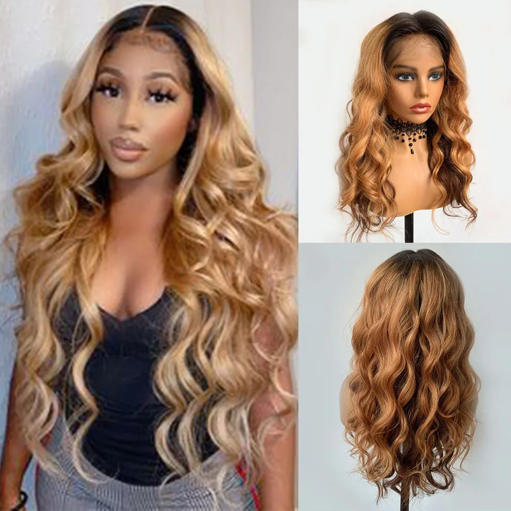 

Transparent Lace Frontal Human Hair Wig Ombre Honey Blonde Body Wave Full Colored Ombre 13x4 Lace Front Wig Bleached Knots