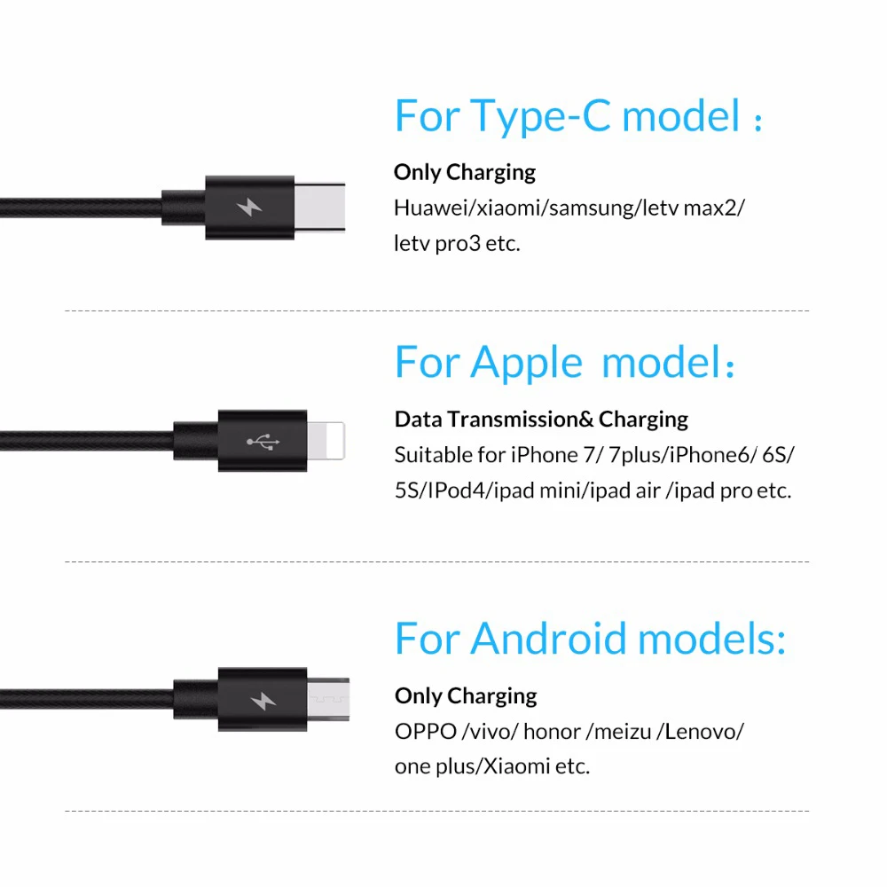 ORICO Micro для освещения type c USB кабель 3 в 1 Android зарядное устройство кабель для iPhone 7 6 6 Samsung Xiaomi Быстрая зарядка 3A