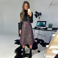 pu leather rivets buttons midi skirt women high waist casual elegant fashion skirt slim 2021 autumn winter warm