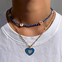 2021 new enamel heart pendant flower beaded necklace for women blue acrylic seed bead resin clavicle chain metal charm jewelry