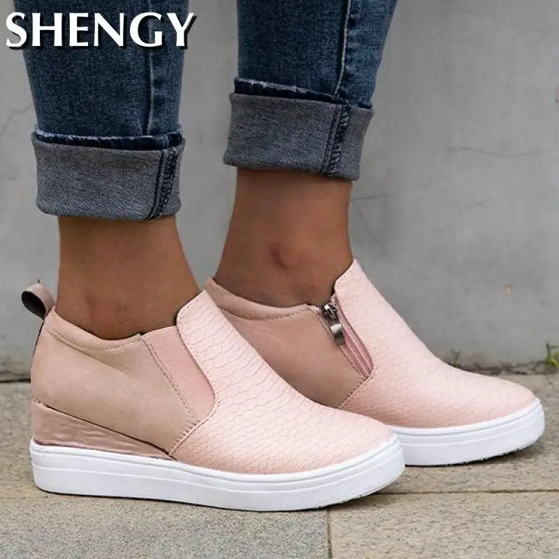 

New Women's Single Shoes Casual Solid Color Side Zipper Heightening Shoes Ladies Breathable Comfortable Plus Size Females Shoes