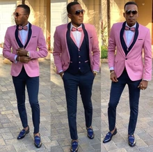 Pink Men Suits Handsome Wedding Tuxedo Jacket Blazer Vest Navy Pant Costumes Hommes Groom Formal Custom Made Suits Set (4)