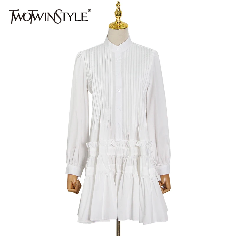 

Женское платье-мини TWOTWINSTYLE, повседневное белое платье с воротником-стойкой, пышным длинным рукавом и рюшами, летнее платье
