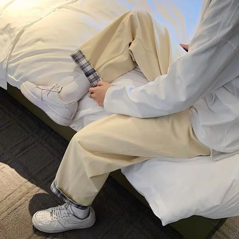 Houzhou – women's plaid pants loose Korean fashion white oversized Harajuku street wear wide legs black casual beige | Женская