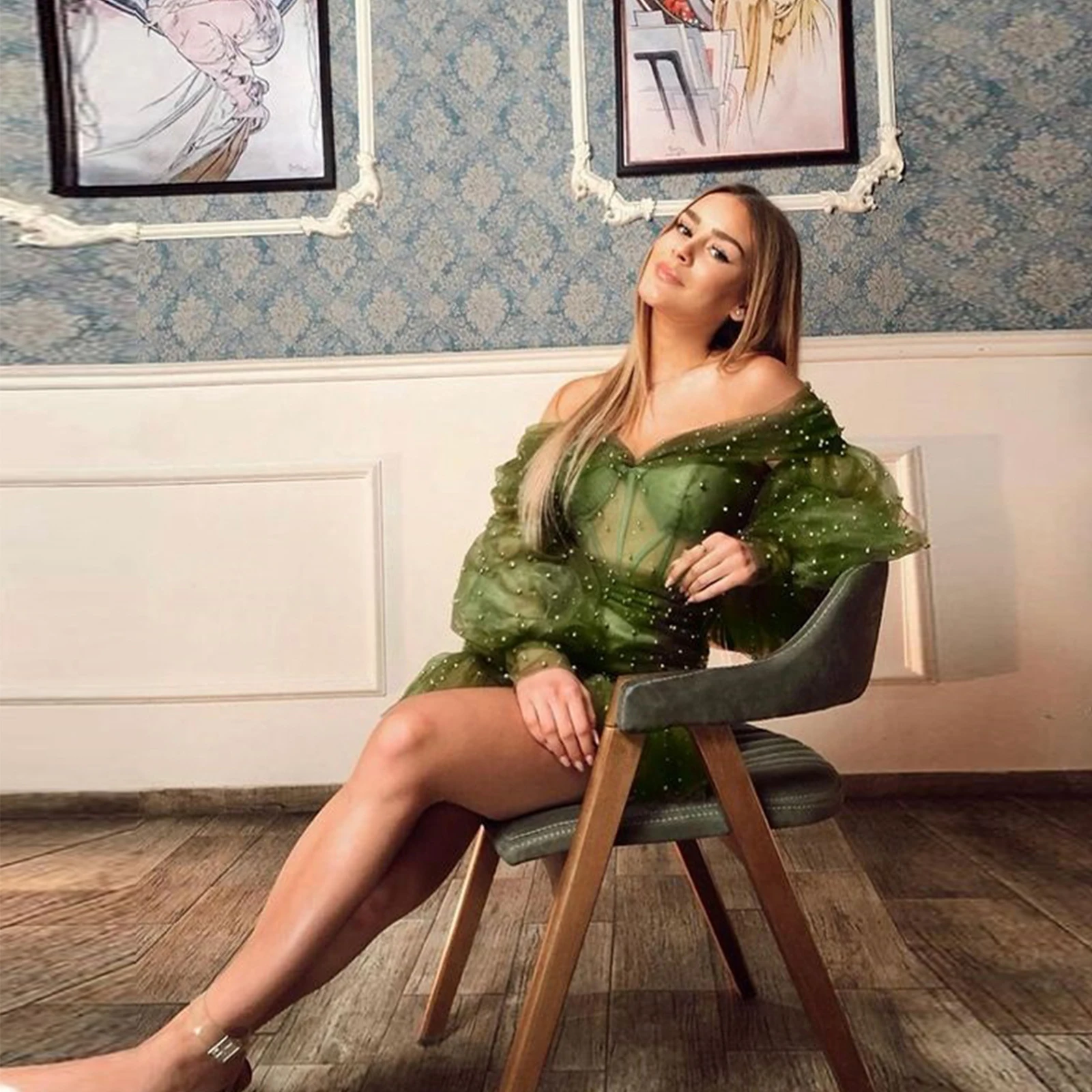 Новое Женское модное Прозрачное платье с длинным рукавом декоративное бусинами