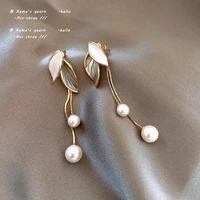 2021 new creative leaf shape pearl tassel pendant long earrings korean fashion jewelry girls temperament accessories for woman