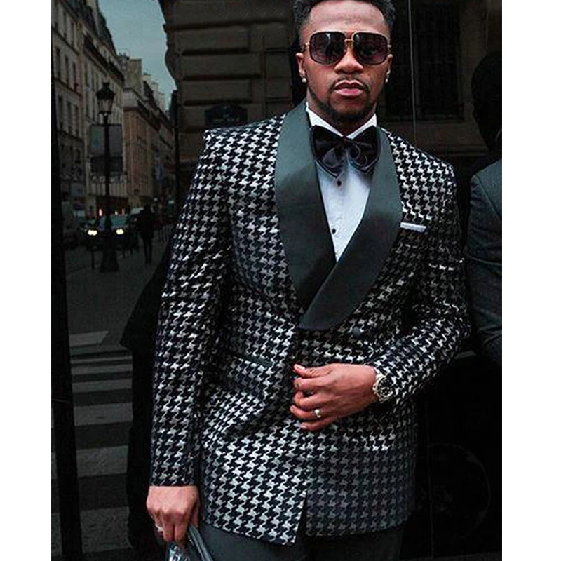 

Double Breasted Checkered African Suits for Men with Shawl Lapel 2 Piece Black Houndstooth Wedding Tuxedo Male Fashion Jacket