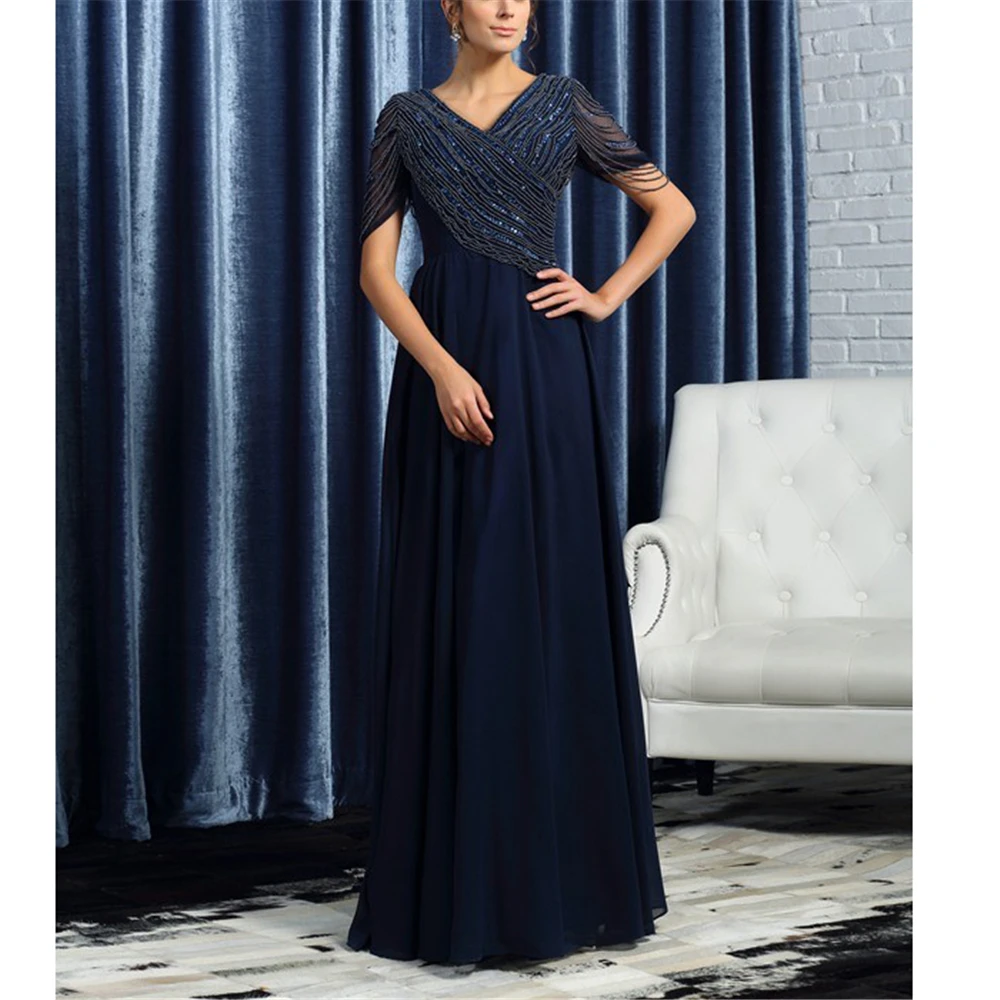 

Excellent Navy Blue Chiffon Vestidos De Fiesta De Noche Half SleeveS A-line Vintages Ruffles Women's Indian Kurti For Women