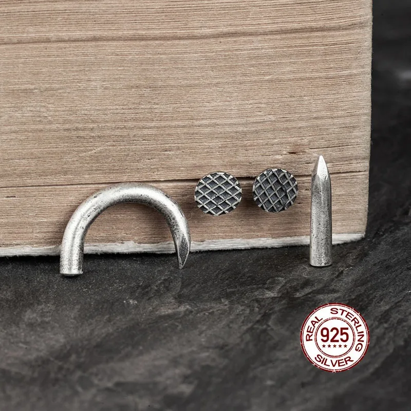 HelloLook Bent and Straight Nails Design Earring 925 Sterling Silver Stud Earrings Punk Unisex Ear Piercing Jewelry | Украшения и