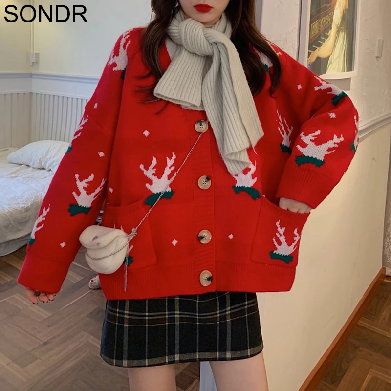 

Cute Kawaii Christmas Antlers Sweater Women 2020 Winter Cardigan Loose Casual Warm Knitted Sweater Girls Punk Outerwear Female