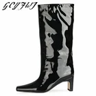 Женские сапоги до середины икры, однотонные лакированные кожаные сапоги с квадратным носком, на низком квадратном каблуке, модные привлекательные женские сапоги без застежек