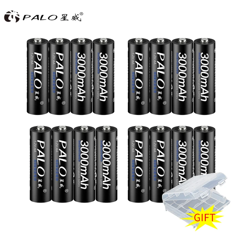 PALO 16 шт. AA батарея Ni-MH 3000mah 1,2 V батареи аккумуляторная батарея 2A батарея для светодиодного фонарика PALO батарея