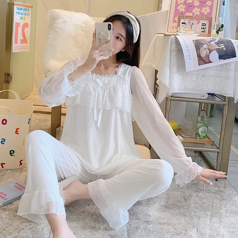 

Белый кружевной пижамный комплект с бантом, рубашка с длинным рукавом и брюки, наборы для сна с квадратным воротником, вискозная одежда для ...