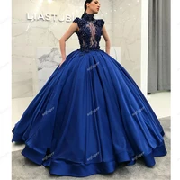 elegant blue satin evening dresses prom flowers ball gown appliques robe de soiree celebrity formal birthday vestidos fiesta