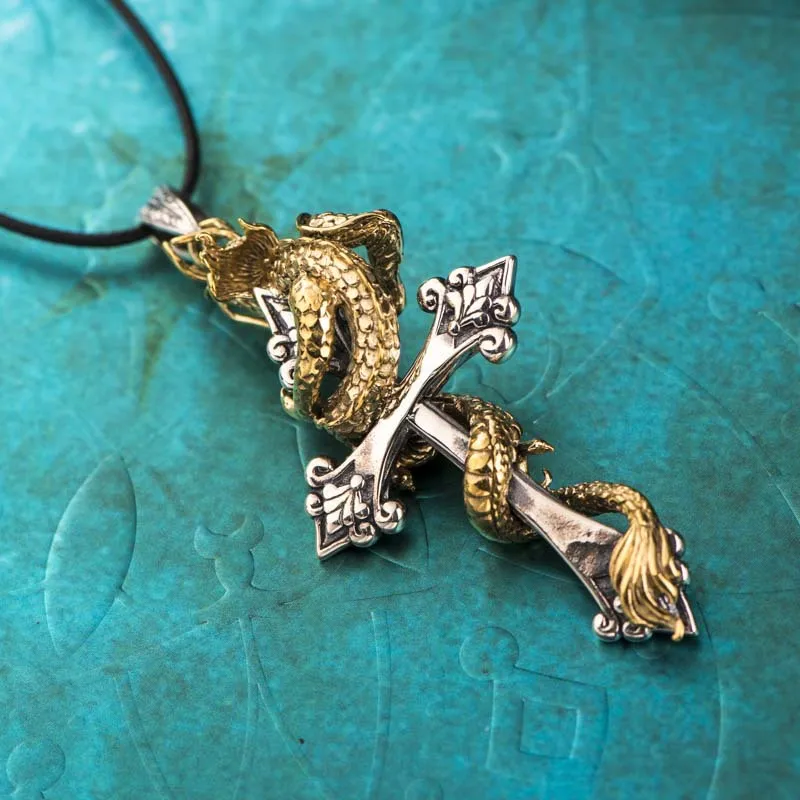 

Classic Cross Panlong Pendant Necklace for Men Gothic Intarsia Domineering Pendant Necklace