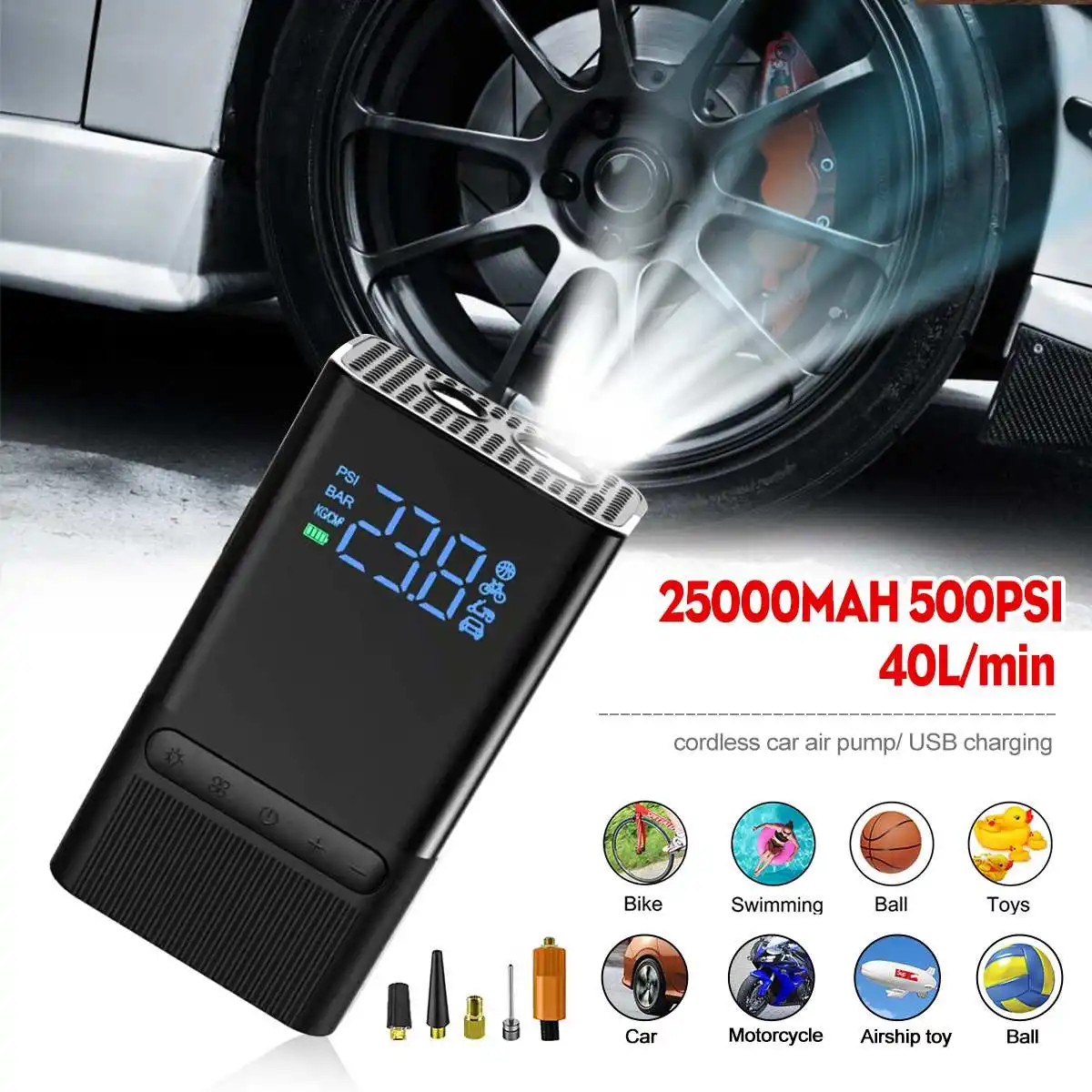 

500PSI 25000mAh 40L/min Cordless Air Pump Compressor With LED Light For Car Bicycle Swimming Rings Tires Balls Inflation