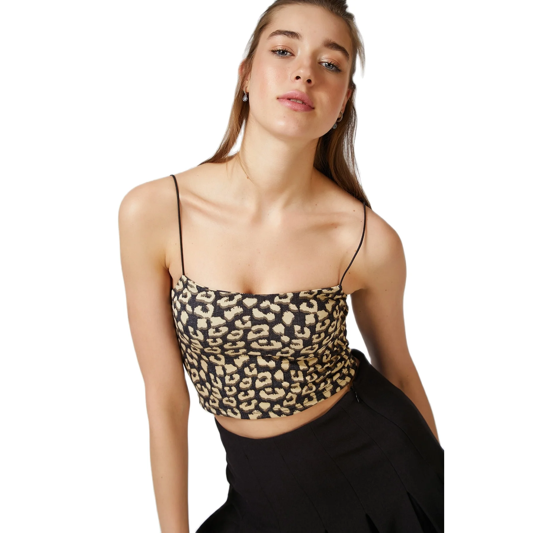 

Women Beige Leopard Patterned Camisole Crop Top Underwear Daily Wear Rope Strap Knitted Bustier 2021 New Model PG00002