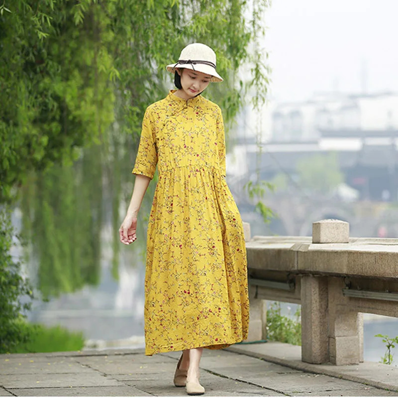 Johnature весна лето Ретро стиль с пряжкой цветочным принтом рукавом до локтя платья