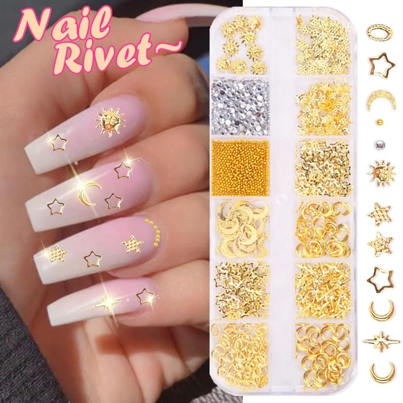 

12 Grid Mixed Style Nail Art Moon star Gold Metal Rivet Studs 3D DIY Charm Decoration Accessories