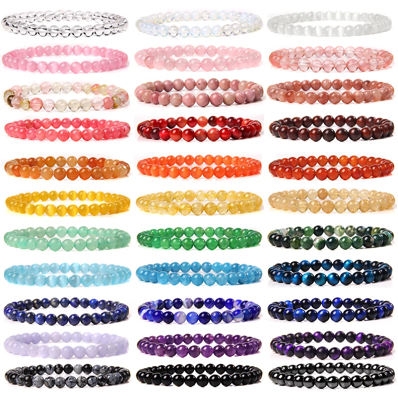 

Colorful Women Men Round Beaded Bracelets 6mm Natural Agates Quartz Stone Elastic Strand Bracelet & Bangles Couples Jewelry Gift