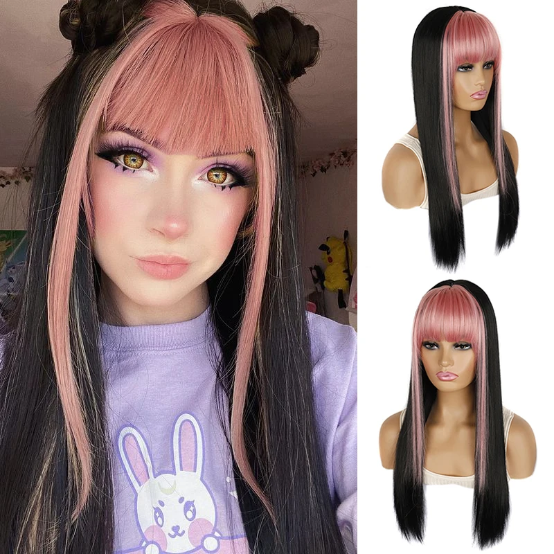 

Color Bleaching And Dyeing Double Temple Bangs Wig With Bangs Long Straight Hair Cosplay Wig Red Blue Pink Multi-Color Wig