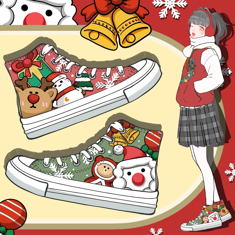 

Amy and Michael 2021 Merry Christmas Gift Shoes Lovely Girls Students Hand Painted Canvas Shoes Fashion Women High Top Plimsolls