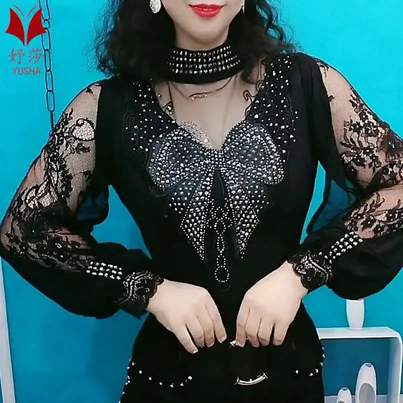 Женская Кружевная футболка винтажная Готическая рубашка с рукавами фонариками и