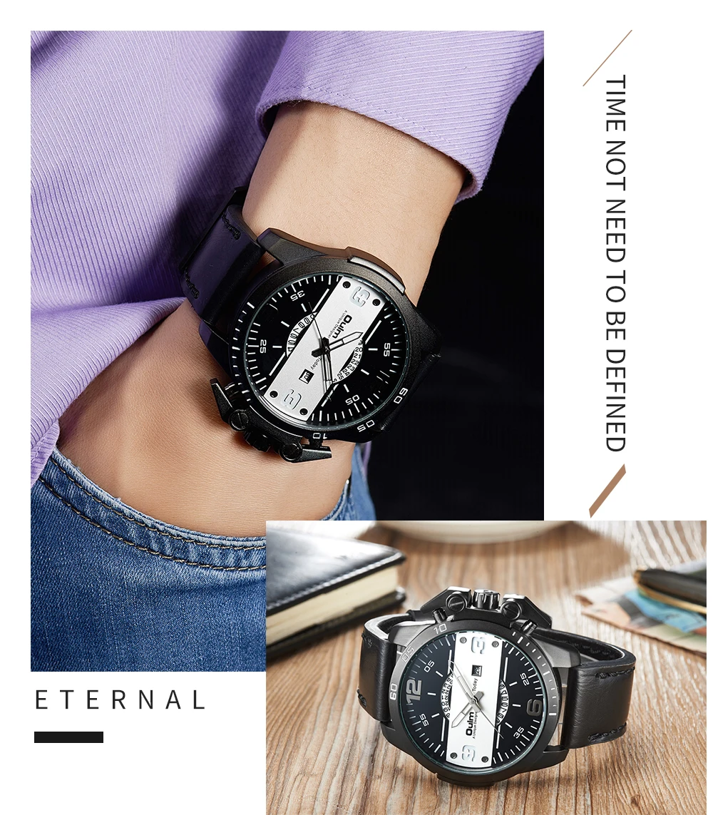 Модные Повседневные Мужские кварцевые аналоговые часы OULM с кожаным ремешком и