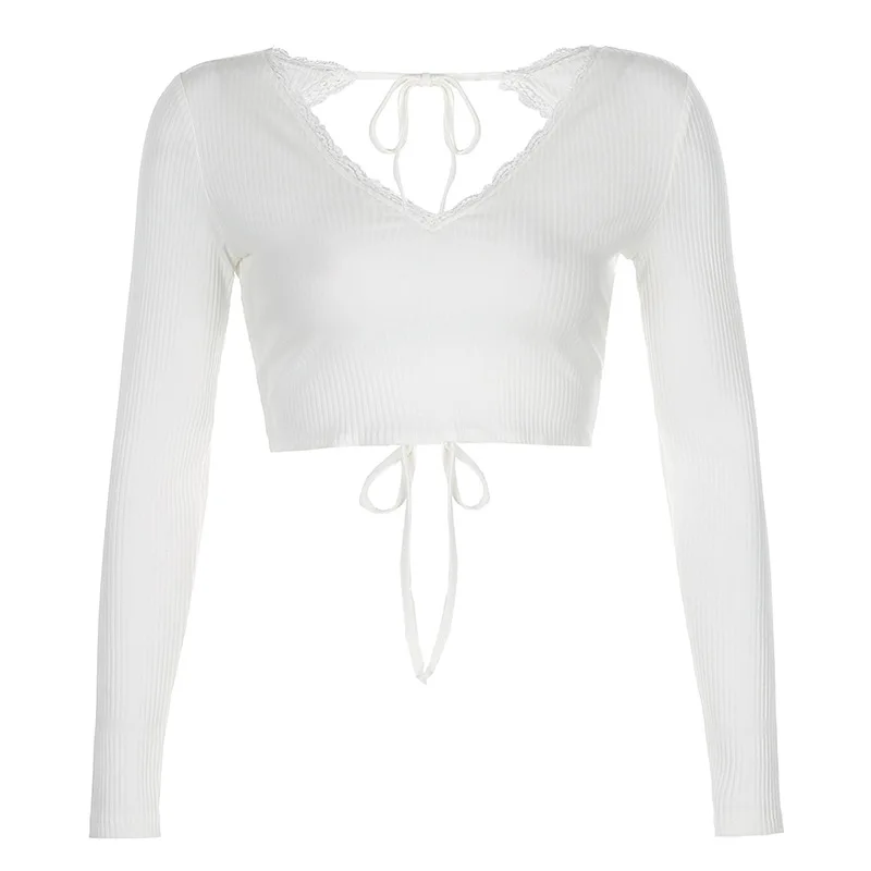 

Sexy V Neck Long Sleeve Crop Top Women White Color Lace Up Backless Tee Shirt Femme Summer Clubwear 90s Skinny Punk Clothes 2020