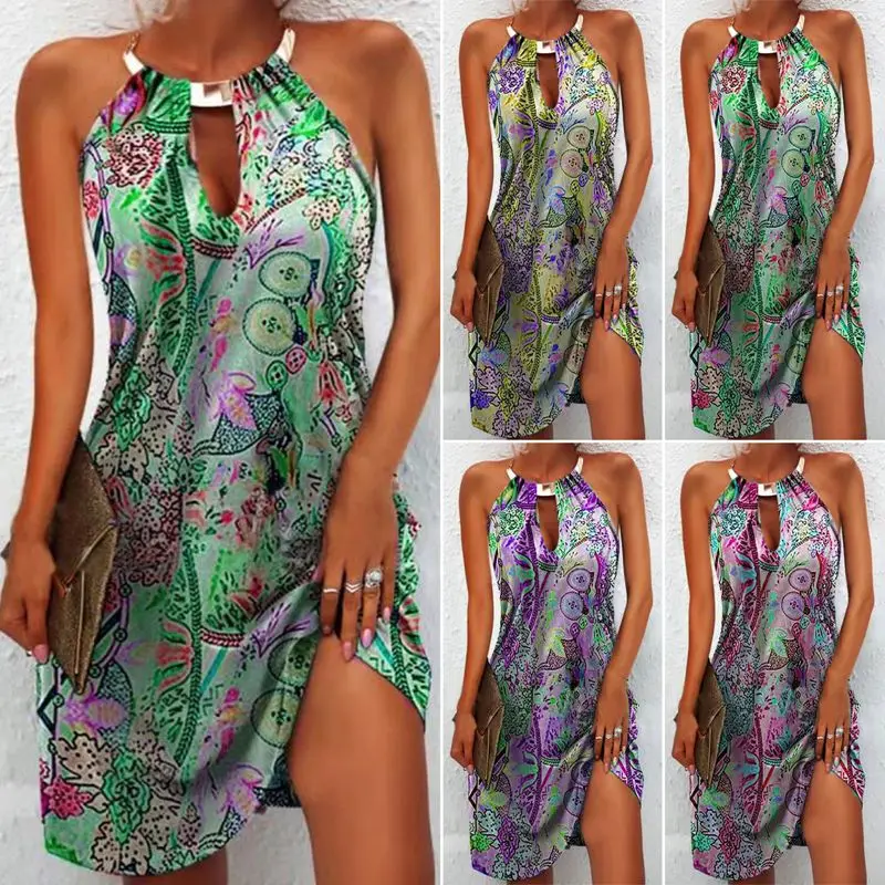 

Women's Dress Summer Round Neck Flower Print Sling Dress Halter Women Clothing Beach Mini A-Line Dresse