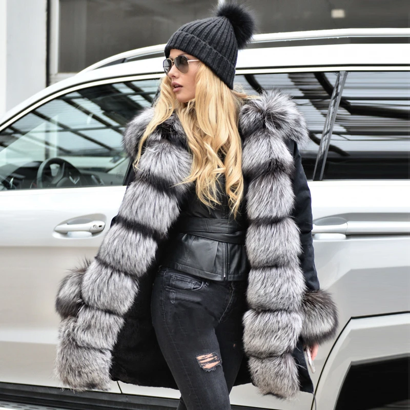 2022 Winter Fashion Silver Fox Fur Parka For Women With Big Hood Thick Warm Genuine Fox Fur Jacket With Rex Rabbit Fur Linning