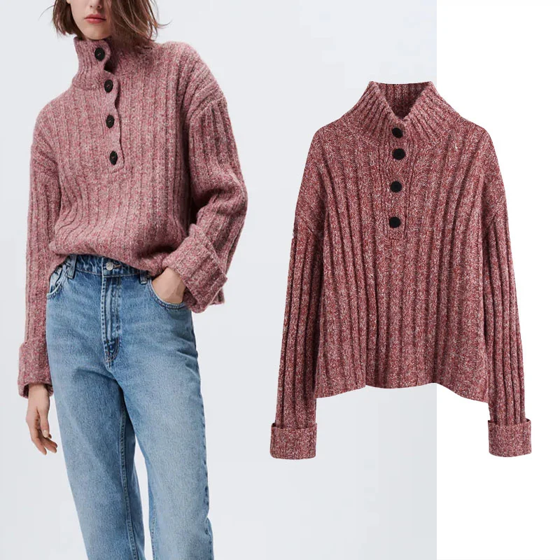 

2021 Za Ribbed Knit Sweaters Woman Vintage Button High Collar Winter Warm Knitted Top Loose Long Sleeve Female Knit Pullovers