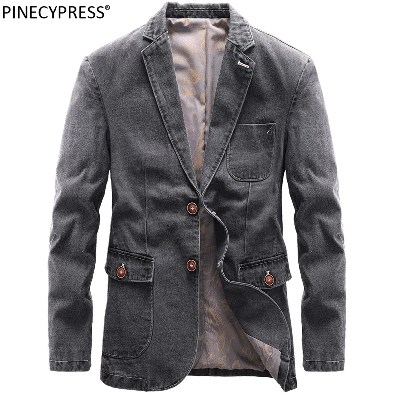 

Cotton Men Denim Suit Jacket Single Breasted Pockets Grey Casual Street Spring Autumn Male Outwear Slim Man Cowboy Blazer