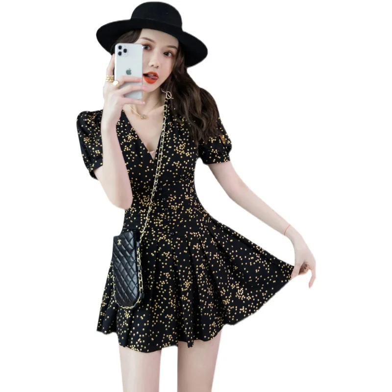

COIGARSAM Chiffon Women one-piece dress korean New Summer Vintage Dresses Black 9007
