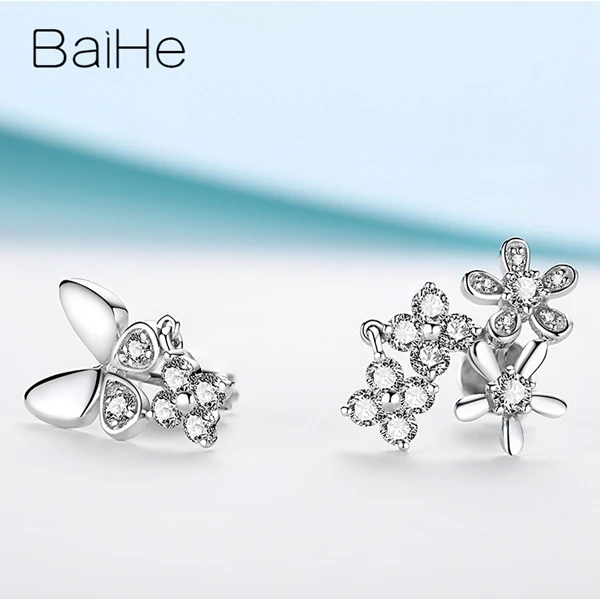 BAIHE, 18 К, белое золото, 0.59ct H/SI, круглая огранка, натуральные бриллианты, ювелирное изделие, свадебное, модное, хорошее ювелирное изделие, элегантный подарок, серьги-гвоздики