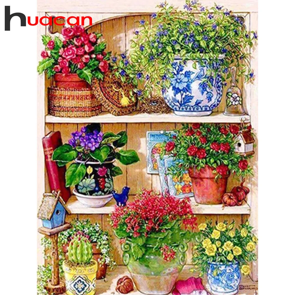 Huacan 5D рукоделие Алмазная мозаика Вышивка крестом Розы горшок для растений камни