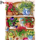 Huacan 5D рукоделие, Алмазная мозаика Вышивка крестом Розы, горшок для растений, камни в форме ромбаНабор для рисования с круглыми камнями и полотном картина ваза кактус головоломка