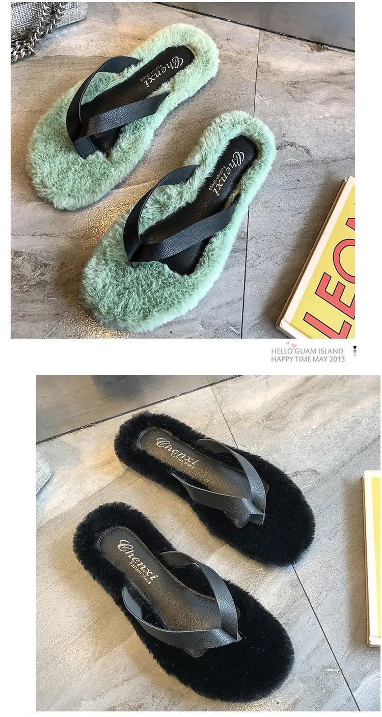 Classics Winter Women Fur Flip Flops Outside Flat Open Toe Women Shoes Solid Casual Faux Fur Slippers