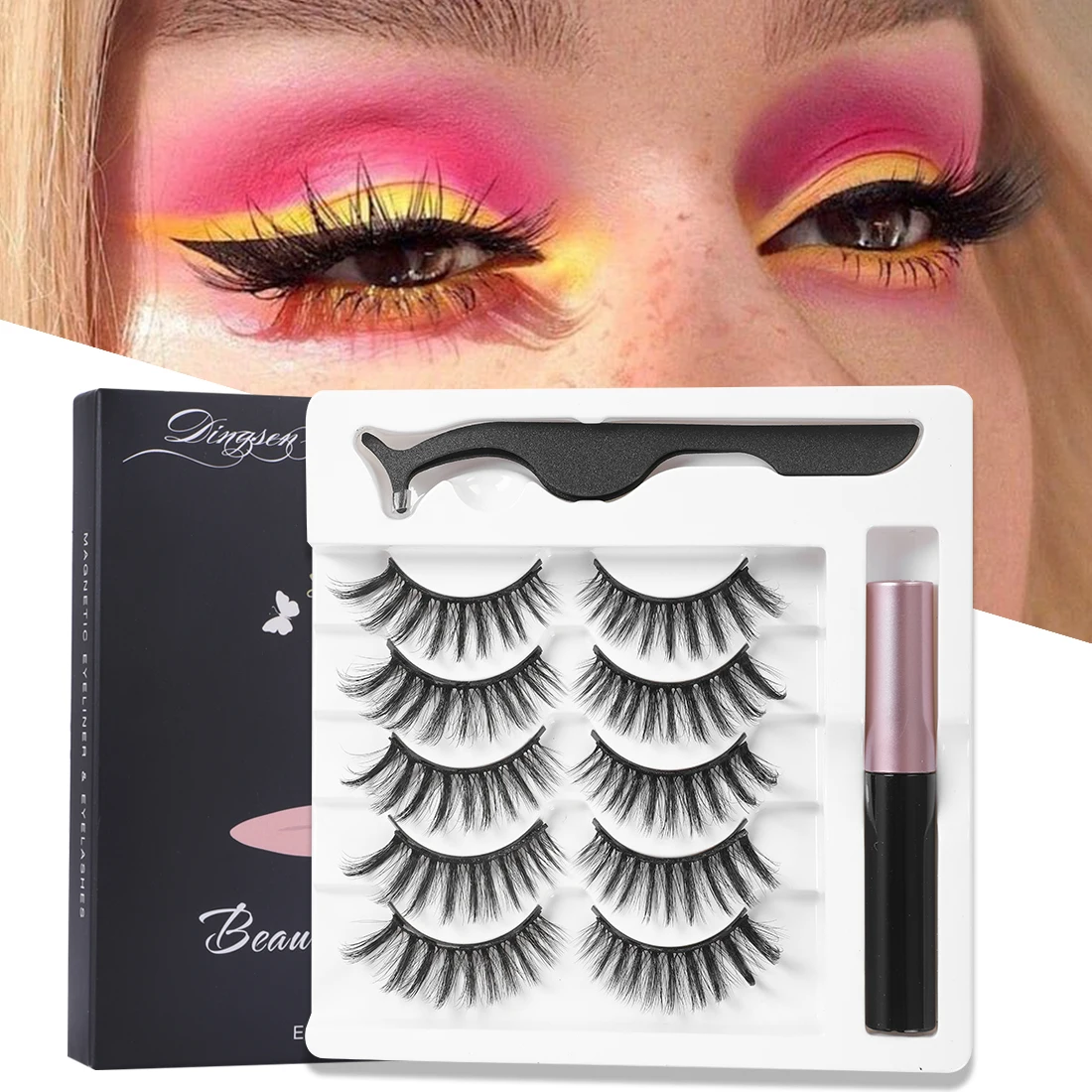 

5 Pairs/Set Magnetic Eyelashes False Lashes Repeated Use Extension Eyelashes Waterproof Liquid Eyeliner With Tweezer Makeup Set