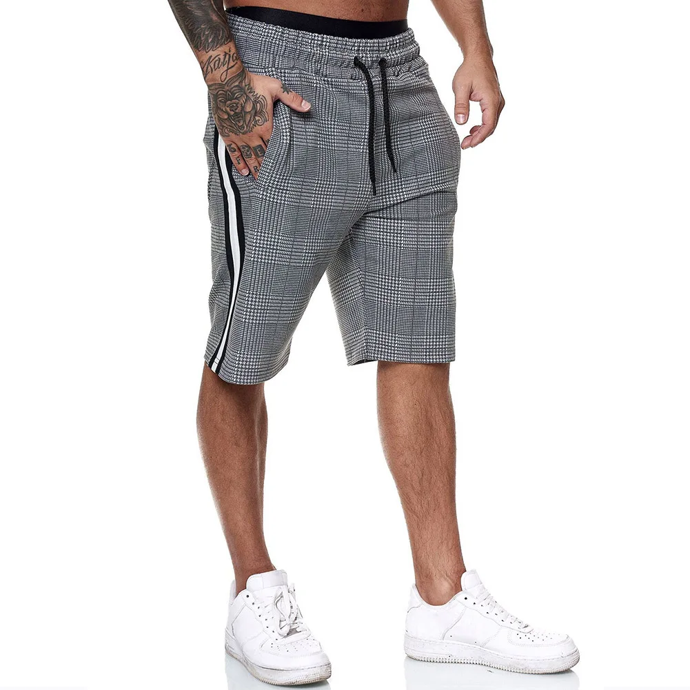 

2020 Summer Men Classic Plaid Summer Beach Shorts, Side Stripe Elastic Waist Short Pants with Pockets Male Fashion Casual Shorts