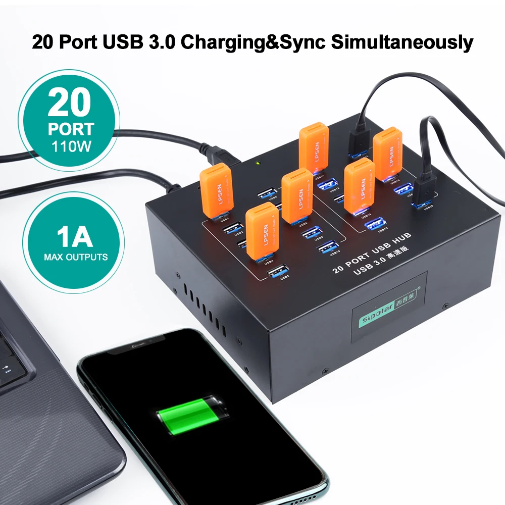 Фото Sipolar A-213P, выход 1A, 20 портов USB 3.0, концентратор для передачи данных и зарядки, USB-разветвитель, зарядное устройство для телефонов, планшетов, iPad, ремонта, восстановление шахтеров №3