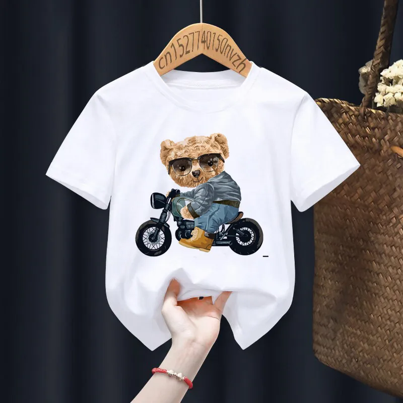 Funny Bear Riding Motorcycle Print Boy Girl White T-shirt Kid Summer Harajuku Kawaii Funny Little Baby Y2K Clothes,Drop Ship