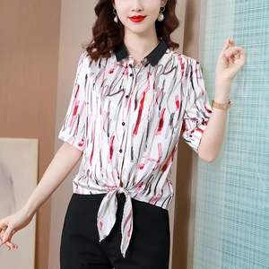 Women's Silk Shirt Summer Blouse for Women Printing Striped Shirt Women's Clothing 2021 Red Polo Neck Strap Basic Button Blouse 10 item image